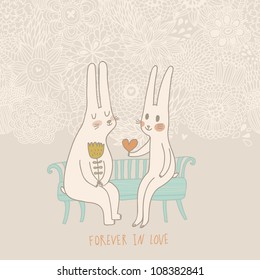 Cute wedding card with rabbits in love. Vector invitation. Valentines day.