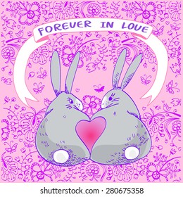 Cute wedding card with rabbits in love. Vector invitation. Valentines day. Forever in love illustration.Two rabbits sitting on a flourish ornamented background. Eps 10