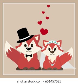 Cute wedding card with two foxes and a heart./Illustration of a fox marry in a cartoon style.
