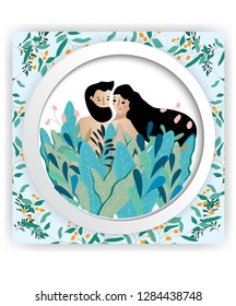 Cute wedding card,Sweet Happy valentine couple,Cute people cartoon Character,Happy love theme and summer botanical tropical scene,illustration vector by freehand flat comic style