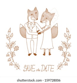 Cute wedding cart with two foxes in love with leafs and flowers