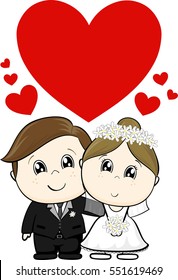 cute wedding characters bride and groom with hearts for copy space isolated on white background