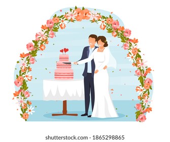 Cute wedding couple of bride and groom. Wedding day, holiday, event, date. Beautiful happy man and woman cutting big holiday cake. Cartoon flat vector illustration