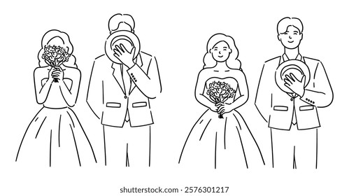 Cute wedding couple, bride and groom posing with bouquet and groom's hat, bride and groom vector illustration