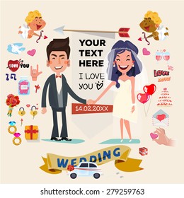 cute wedding couple character with set of wedding ceremony elements and icons. wedding with love concept - vector illustraion