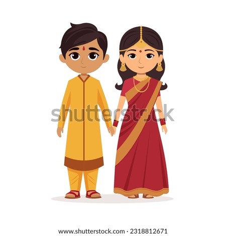 Cute Wedding Couple Character Standing In Traditional Attire.
