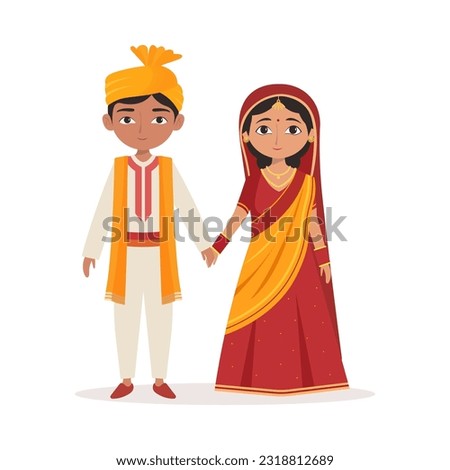 Cute Wedding Couple Character Standing In Traditional Attire.