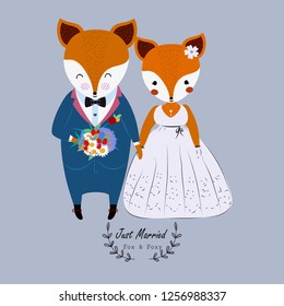 Cute wedding couple fox in wedding dress and flower bouquet,just married.Valentine's day concept.