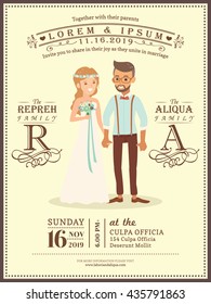 Cute Wedding Couple Groom And Bride Cartoon Wedding Invitation Card Template