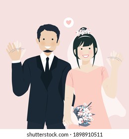 cute wedding couple happy gesture smiling and waving hand