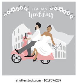 cute wedding couple Illustration.  Bride and Groom isolated sitting on a vespa. Elegant dresses cartoon illustration