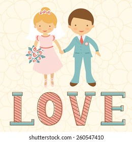 Cute wedding couple in pastel colors. Vector illustration