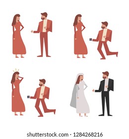 cute wedding couple romance story bride and groom isolated on white background, vector cartoon illustration