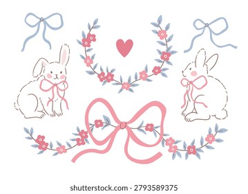 Cute wedding decoration isolated on white background. White bunny, bows and floral frames and divider. Ideal for save the date invitation or love greeting card for valentine's day