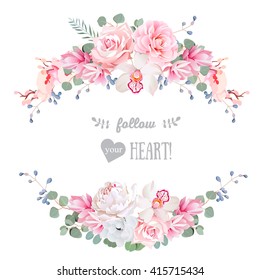 Cute wedding floral vector design frame. Rose, peony, orchid, anemone, pink flowers, eucalyptus leaves. Floral banner stripe elements.