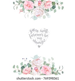 Cute wedding floral vector design frame. Rose, white peony, orchid, camellia, pink flowers, silver dollar eucalyptus leaves. Floral banner stripe elements. All elements are isolated and editable
