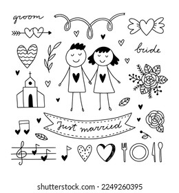 Cute wedding illustrations. Hand drawn wedding doodles. Love graphic elements