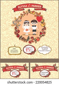 Cute wedding invitation with autumn wreath and European baby couple. Cute cartoon couple groom and bride  with floral decor.Thank card,invitation,save the date .Vector design template