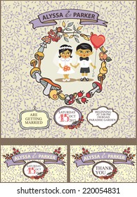 Cute wedding invitation with autumn wreath and Asian baby couple. Cute cartoon couple groom and bride  with floral decor.Thank card,invitation,save the date .Vector design template