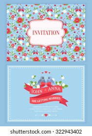cute wedding invitation card with floral pattern, back and front, vector illustration