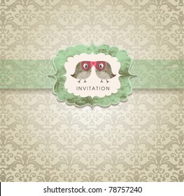 Cute Wedding Invitation Card With Vintage Ornament Background.