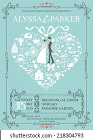 Cute Wedding invitation Design template.Vintage.Composition in the shape of  heart with Bride,groom, wedding items,swirling frame. Retro vector