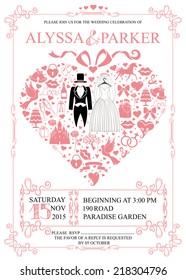 Cute Wedding invitation Design template.Vintage.Composition in the shape of  heart with  wedding items,wedding clothes,swirling frame. Retro vector