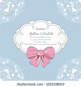 Cute wedding invitation with floral curls, a bow  in vintage style. Congratulations on your birthday, invitation card. Flower pattern. Element for printing, design, creativity