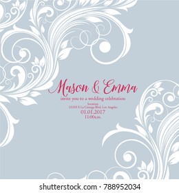 Cute wedding invitation with floral curls. Congratulations on your birthday, invitation card. Flower pattern.