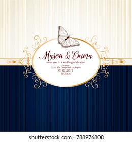Cute wedding invitation with floral curls, a bow and a butterfly in an antique style. Congratulations on your birthday, invitation card. Flower pattern. Element for printing, design, creativity