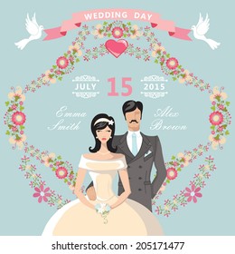 Cute wedding invitation Floral  frame.Cartoon couple bride and groom with vignettes,ribbon,pigeons.Retro  design template.The vector.