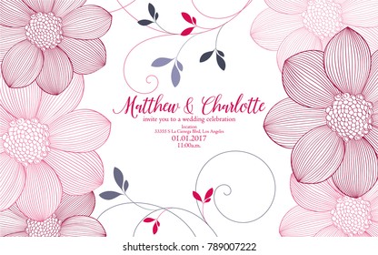 Cute wedding invitation with flowers of dahlias. Congratulations on your birthday, invitation card. Flower pattern. Element for printing, design, creativity, scrapbooking.