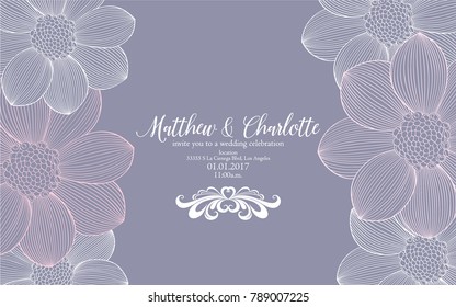 Cute wedding invitation with flowers of dahlias. Congratulations on your birthday, invitation card. Flower pattern. Element for printing, design, creativity, scrapbooking.