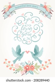 Cute wedding invitation with flowers, love birds and ribbon. Vector illustration.