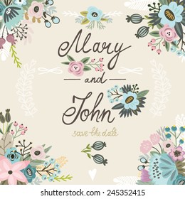 Cute wedding invitation or greeting card of floral background gentle colors.