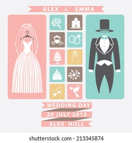 Cute Wedding invitation with icons , bridal dress, grooms suit .Flat  icons and ribbon in soft pastel colors. Vector design template