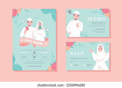 cute wedding invitation with islamic couple character template design