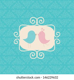 Cute wedding invitation or love's postcard with birds. Vector illustration