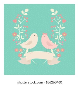 Cute wedding invitation or love's postcard with birds. Vector illustration