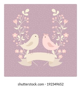Cute wedding invitation or love's postcard with birds.