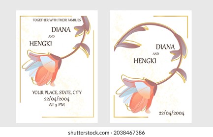 Cute wedding invitation template. Minimalistic greeting card with gradient lily flower and abstract smooth lines. Layout for printing. Modern flat vector collection isolated on gray background
