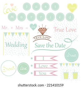 Cute wedding invitations elements for blue, pink, yellow, color, and text signs.