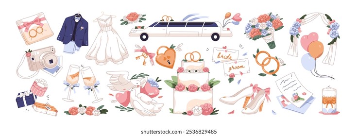 Cute wedding items set. Symbols of marriage: rings, doves, bride dress, groom suit, cake, limo. Bridal flower bouquet, nuptial arch for festive ceremony. Flat isolated vector illustrations on white