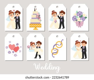 Cute wedding price tag cards set with just married couple, bride, groom, bridesmaids, cake. Vector marriage ceremony print templates. Matrimonial design for tags, ads, party decoration
