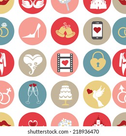 Cute wedding romantic icons  in seamless pattern. Valentines day, wedding, love and romantic events . Vector