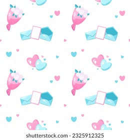 Cute wedding seamless pattern with flowers and invitation card and hearts