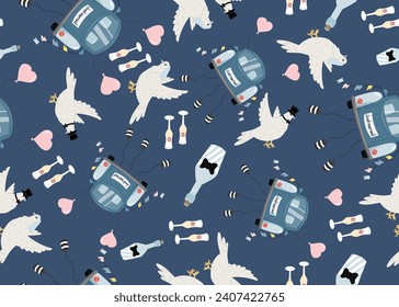 Cute wedding seamless pattern with newlyweds car, white doves and champagne