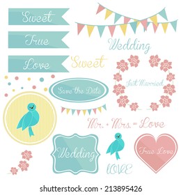 Cute wedding set of elements  invitation and tablets with the inscription.