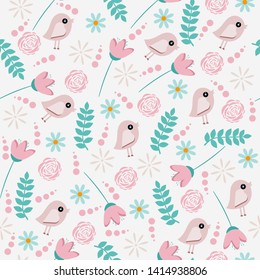 Cute wedding summer seamless pattern with birds with pink flowers for print and textile