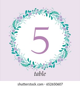 Cute wedding table number card template with hand-drawn floral elements and branches. Stylish simple design. Vector illustration.